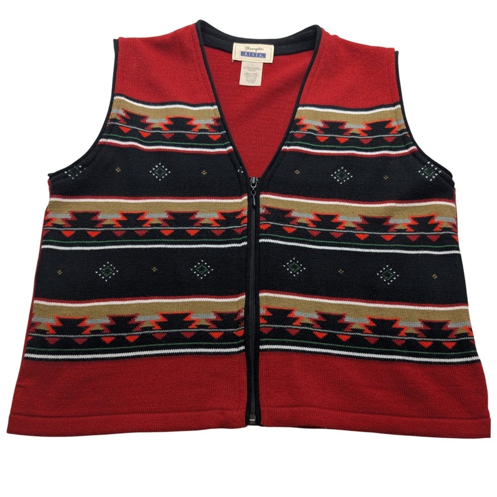 Wrangler Riata Sweater Vest Mens Large Red Southwestern‎ Full Zip Geometric Knit